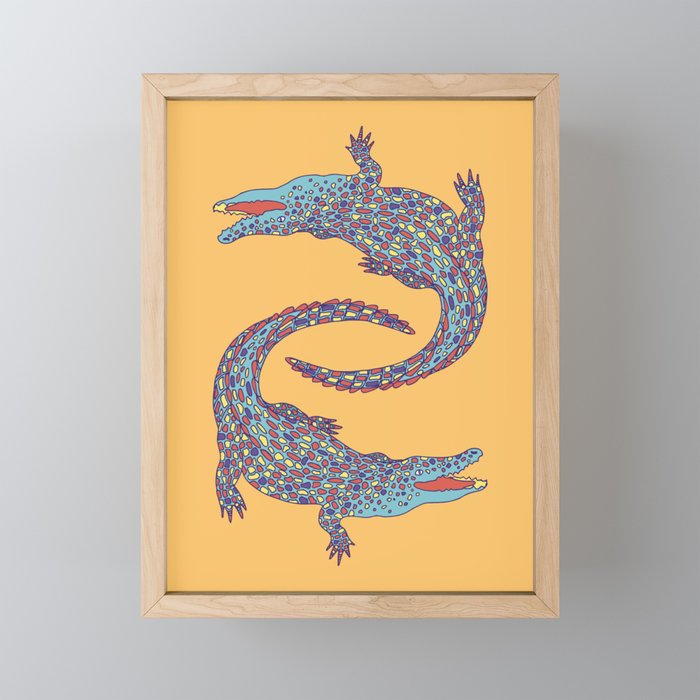 Crocodiles (Camel and Blue Palette) Framed Mini Art Print