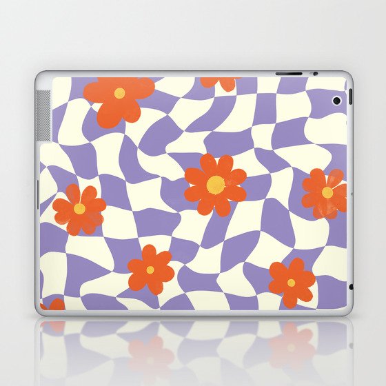 Retro Orange Petal Flowers on Periwinkle Checker Laptop & iPad Skin