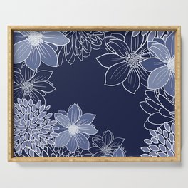 Floral Blooms and Line Art Flowers in Navy Blue Serving Tray