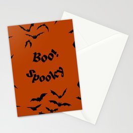 Halloween bats, black Boo! Spooky on orange background. Stationery Card