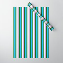 [ Thumbnail: Vibrant Sea Green, White, Plum, Dark Green, and Deep Sky Blue Colored Pattern of Stripes Wrapping Paper ]