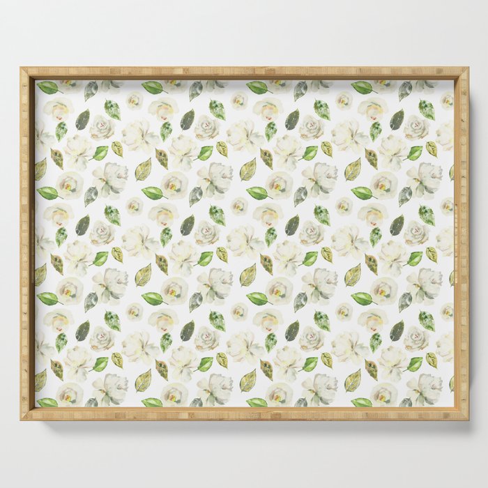 Watercolor ivory white green spring flowers Serving Tray