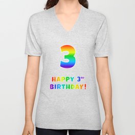 [ Thumbnail: HAPPY 3RD BIRTHDAY - Multicolored Rainbow Spectrum Gradient V Neck T Shirt V-Neck T-Shirt ]
