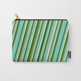 [ Thumbnail: Turquoise, Beige, Dark Green, Green & Sky Blue Colored Pattern of Stripes Carry-All Pouch ]