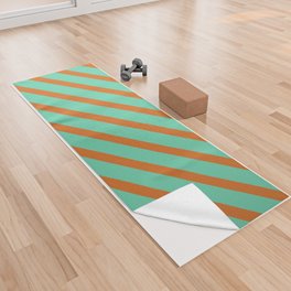[ Thumbnail: Aquamarine & Chocolate Colored Stripes/Lines Pattern Yoga Towel ]