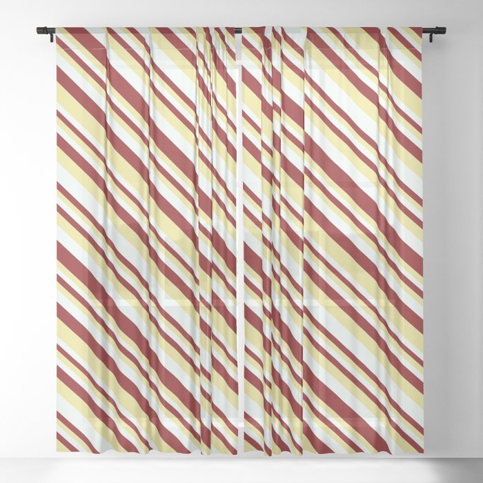 Maroon, Tan, and Mint Cream Colored Stripes Pattern Sheer Curtain