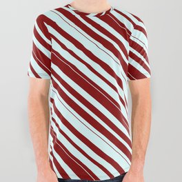 [ Thumbnail: Light Cyan & Maroon Colored Lined/Striped Pattern All Over Graphic Tee ]