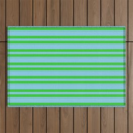 [ Thumbnail: Sky Blue & Lime Green Colored Stripes/Lines Pattern Outdoor Rug ]