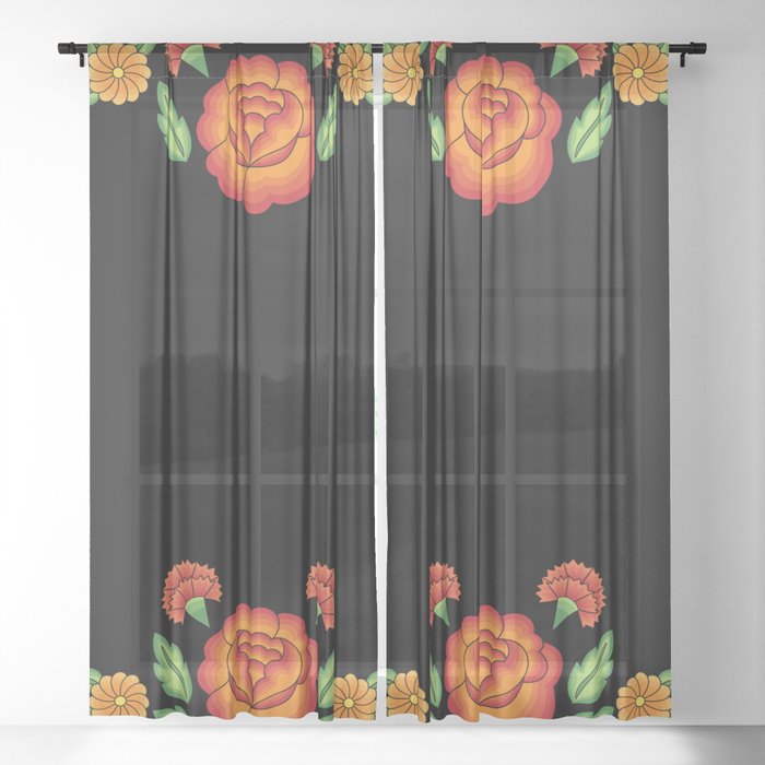 Mexican Folk Pattern – Tehuantepec Huipil flower embroidery Sheer Curtain