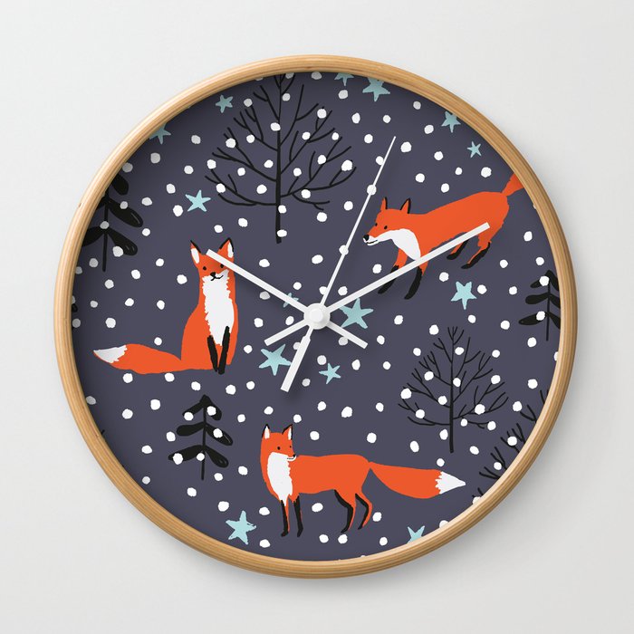 Red foxes in the nignt winter forest Wall Clock