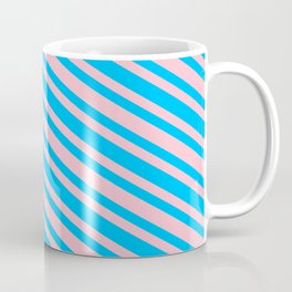 [ Thumbnail: Pink and Deep Sky Blue Colored Striped Pattern Coffee Mug ]