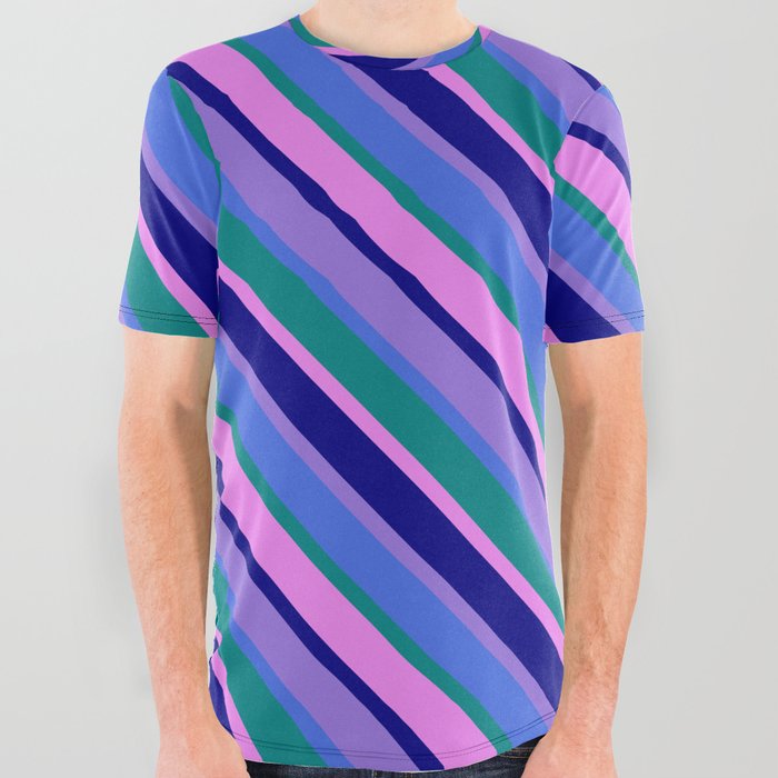 Purple, Royal Blue, Teal, Violet & Blue Colored Stripes/Lines Pattern All Over Graphic Tee