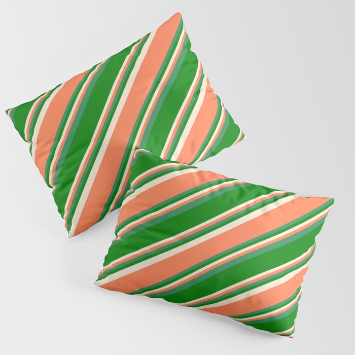 Beige, Coral, Sea Green, and Green Colored Pattern of Stripes Pillow Sham