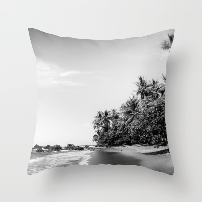 Tropical Paradise Beach in Black and White Throw Pillow