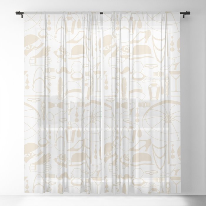 Beige Old-Fashioned 1920s Vintage Pattern on White Sheer Curtain