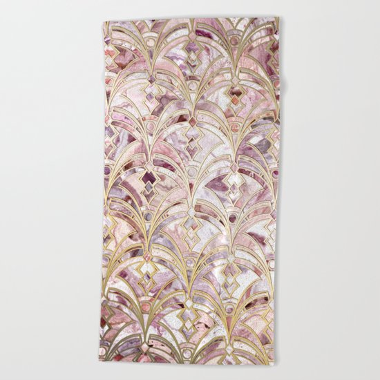 Dusty Rose and Coral Art Deco Marbling Pattern Beach Towel