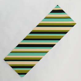 [ Thumbnail: Aquamarine, Tan, Green, and Black Colored Striped Pattern Yoga Mat ]