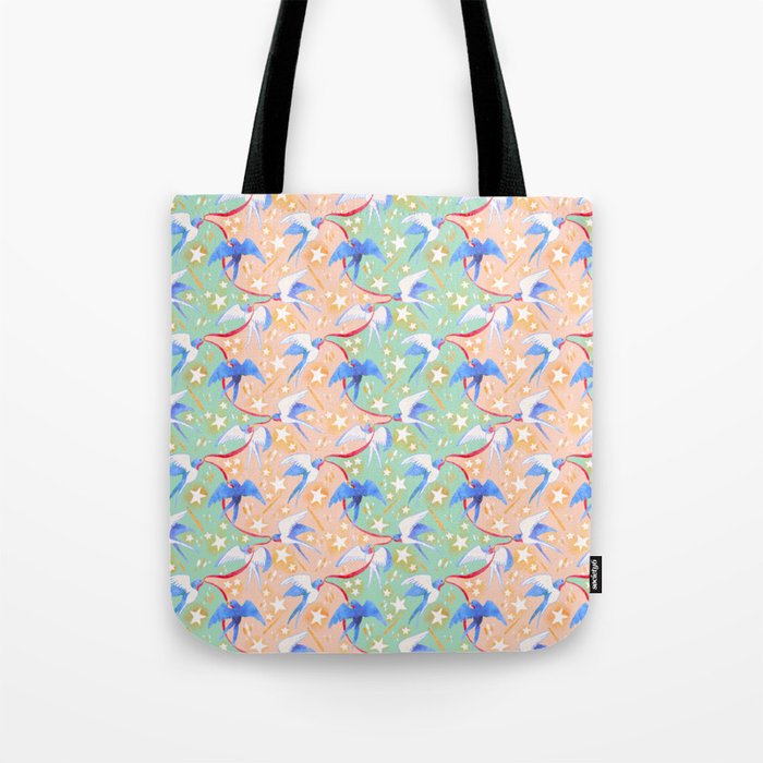 Swallows carrying Ribbons shuttle between Meteor Showers (Aqua/Coral) Tote Bag