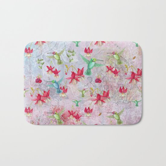 Vintage Watercolor hummingbird and Fuchsia Flowers on pink Background Bath Mat