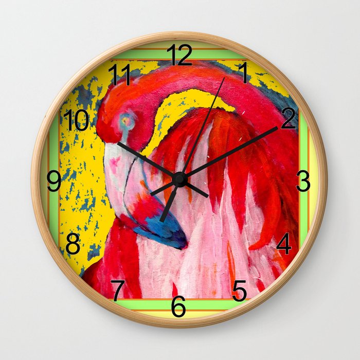 Modern Yellow Art  Flamingo Preening Design Wall Clock