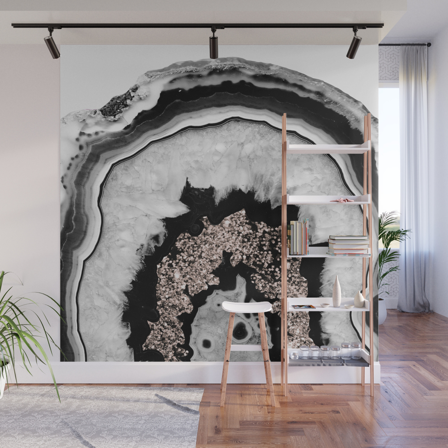 Gray Black White Agate With Rose Gold Glitter 1 Gem Decor Art