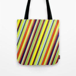 [ Thumbnail: Eye-catching Green, Yellow, Light Blue, Red & Midnight Blue Colored Lines/Stripes Pattern Tote Bag ]