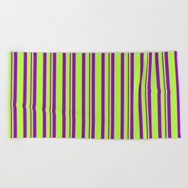 [ Thumbnail: Light Green and Dark Violet Colored Lines/Stripes Pattern Beach Towel ]