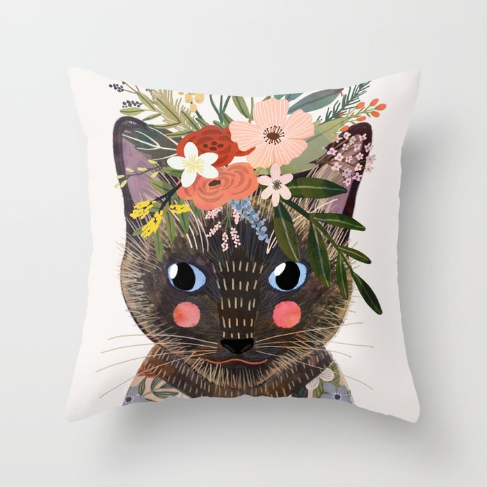 Siamese Cat with Flowers Throw Pillow
