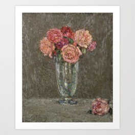 Gorgeous bouquet of pink and red roses in Baccarat crystal glass vase still life floral portrait French impressionist painting by Henri le sidaner roses Art Print