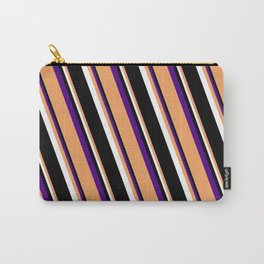 [ Thumbnail: Indigo, Brown, White & Black Colored Striped Pattern Carry-All Pouch ]