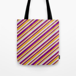 [ Thumbnail: Light Gray, Purple & Goldenrod Colored Lines Pattern Tote Bag ]