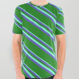 [ Thumbnail: Aquamarine, Slate Blue & Forest Green Colored Lines Pattern All Over Graphic Tee ]