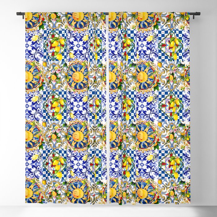 Sicilian sun,tiles,summer,majolica,lemon art Blackout Curtain