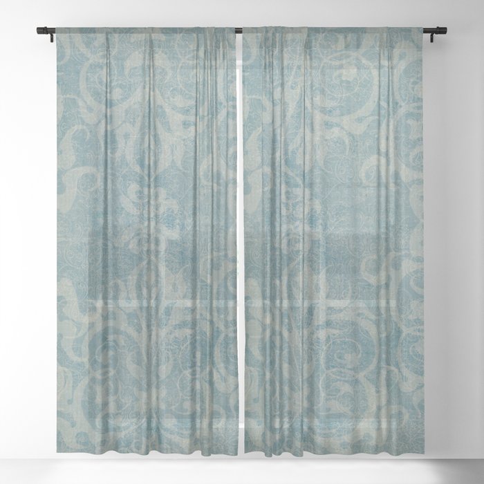 Antique Rustic Teal Damask Fabric Sheer Curtain By Healinglove8