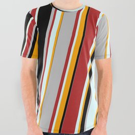 [ Thumbnail: Eyecatching Red, Light Cyan, Orange, Black, and Grey Colored Lines/Stripes Pattern All Over Graphic Tee ]