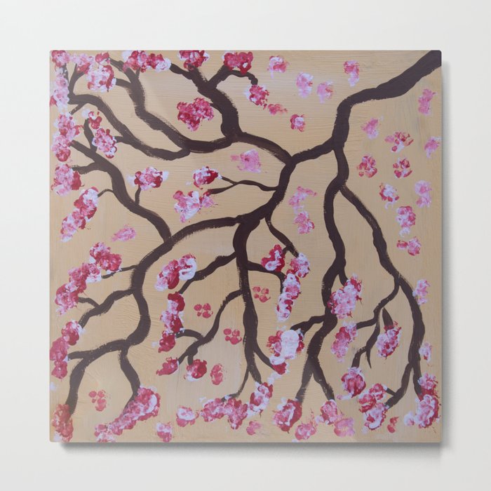 Pink cherry tree branch art on yellow background Metal Print