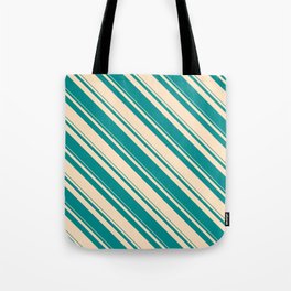 [ Thumbnail: Dark Cyan & Bisque Colored Stripes/Lines Pattern Tote Bag ]