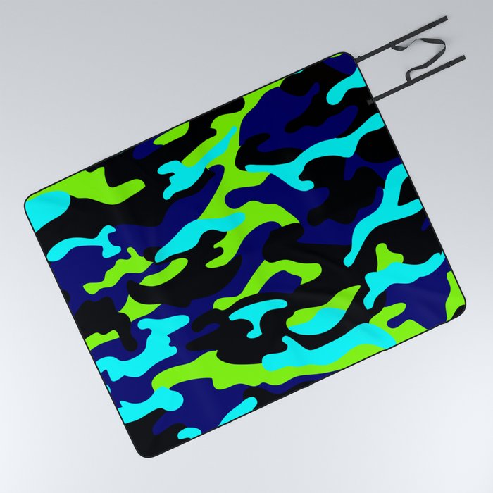 Camouflage Pattern Neon Green Black Blue Navy Picnic Blanket