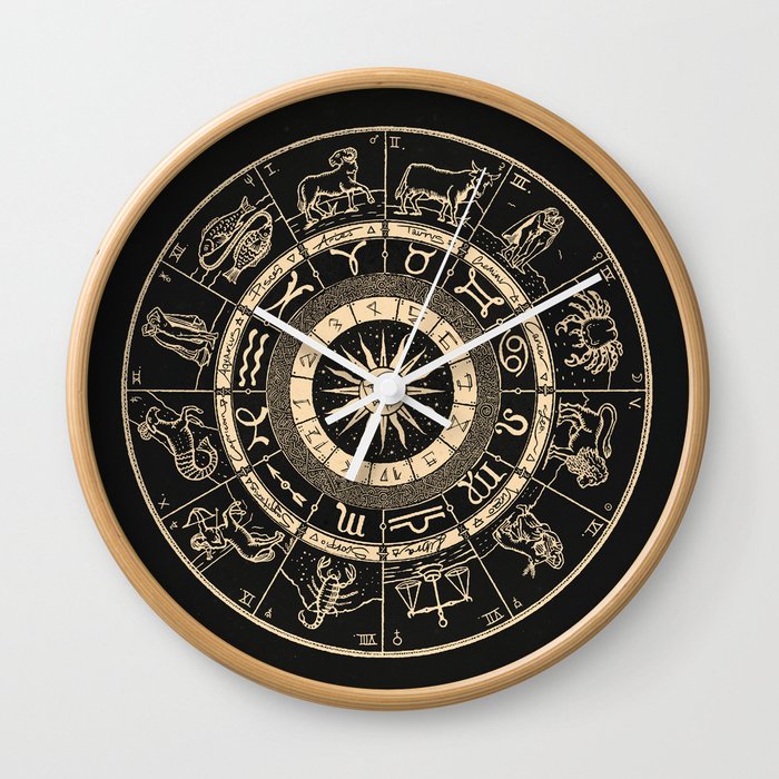 Vintage Zodiac & Astrology Chart Charcoal & Gold Wall Clock by
