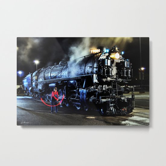 Signaling. Lantern in Mid-Swing. UP 9000. Union Pacific. Steam Train Locomotive. © J. Montague. Metal Print