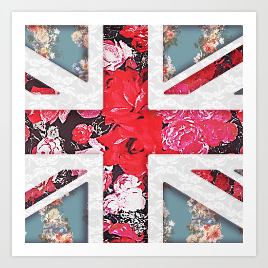 God save the Queen | Elegant girly red floral & lace Union Jack Art Print