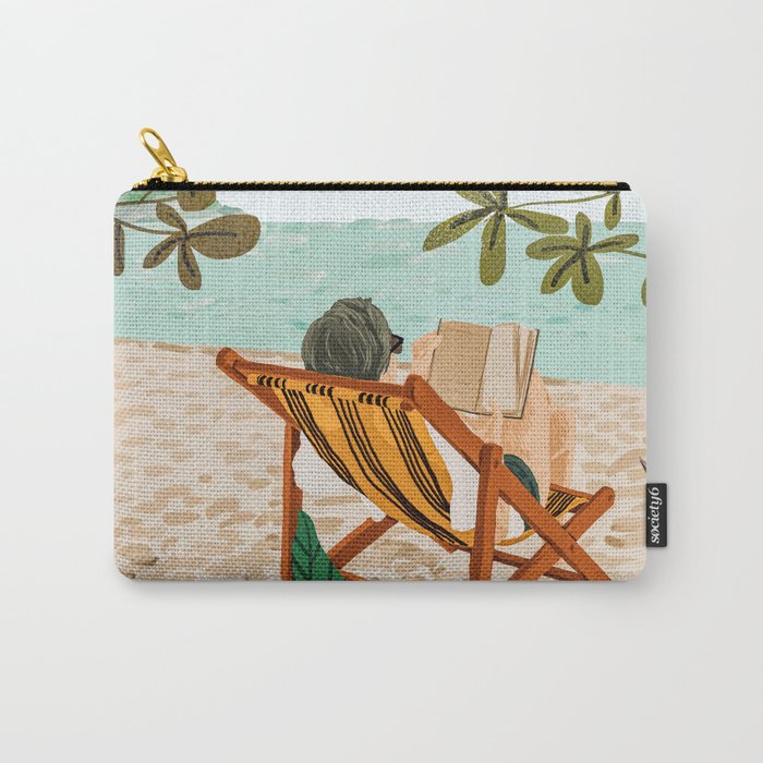 Vacay Book Club, Beach Tropical Ocean Travel Reading Illustration, Pastel Sea Vacation Holiday Carry-All Pouch