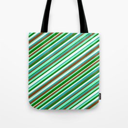 [ Thumbnail: Colorful Light Sea Green, Brown, Aquamarine, Green & Mint Cream Colored Lined/Striped Pattern Tote Bag ]