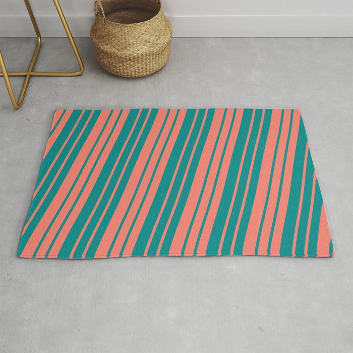 Salmon and Dark Cyan Colored Lined/Striped Pattern Rug