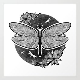 Dragonfly with flowers in a circle. Black and white illustration Art Print