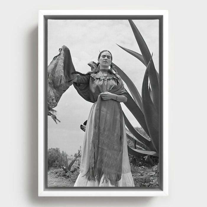 1937 Photo Frida Kahlo standing next to an agave plant Framed Canvas