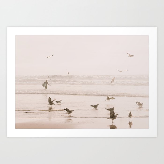 Beach Surfer - Seagulls - crashing waves - Ocean Travel photography Art Print