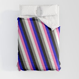[ Thumbnail: Eye-catching Blue, Hot Pink, Mint Cream, Gray & Black Colored Lined Pattern Comforter ]
