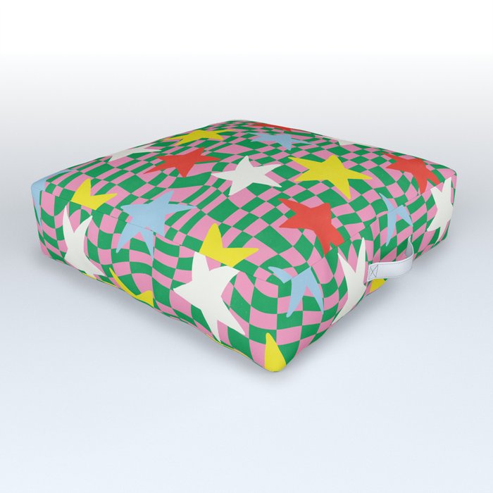 Colorful Stars on Warped Checkerboard Outdoor Floor Cushion