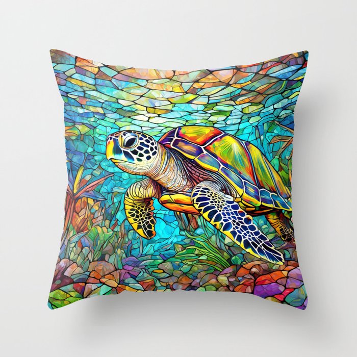 Stained glass sea turtle hawaiian honu art Throw Pillow